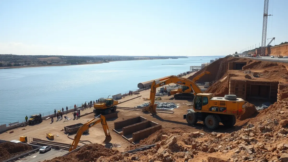 Construction work at Caño de la Mojarra in Ayamonte, with heavy machinery and workers.