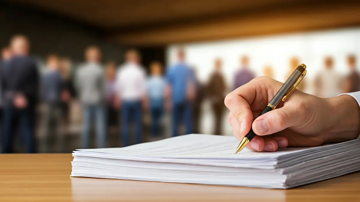 Generic image of documents and a hand with a pen, symbolizing application processing.