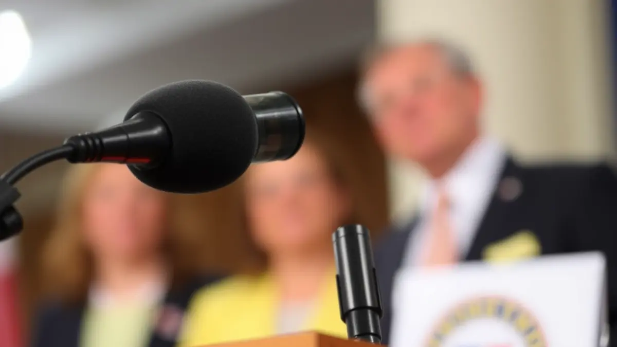 Imagen genérica de un micrófono en un podio durante una rueda de prensa.