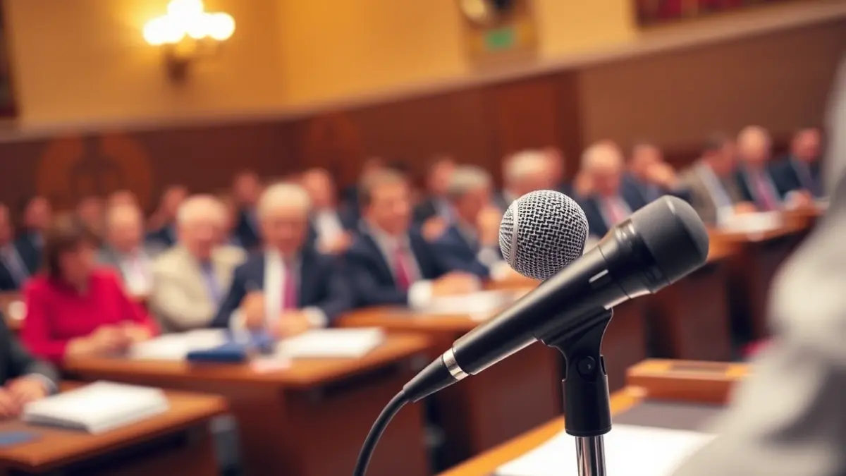 Imagen genérica de un micrófono en un atril durante una reunión política.