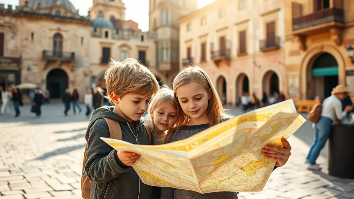 Imagen de una familia explorando un pueblo histórico con un mapa, representando el turismo familiar y las rutas interactivas.
