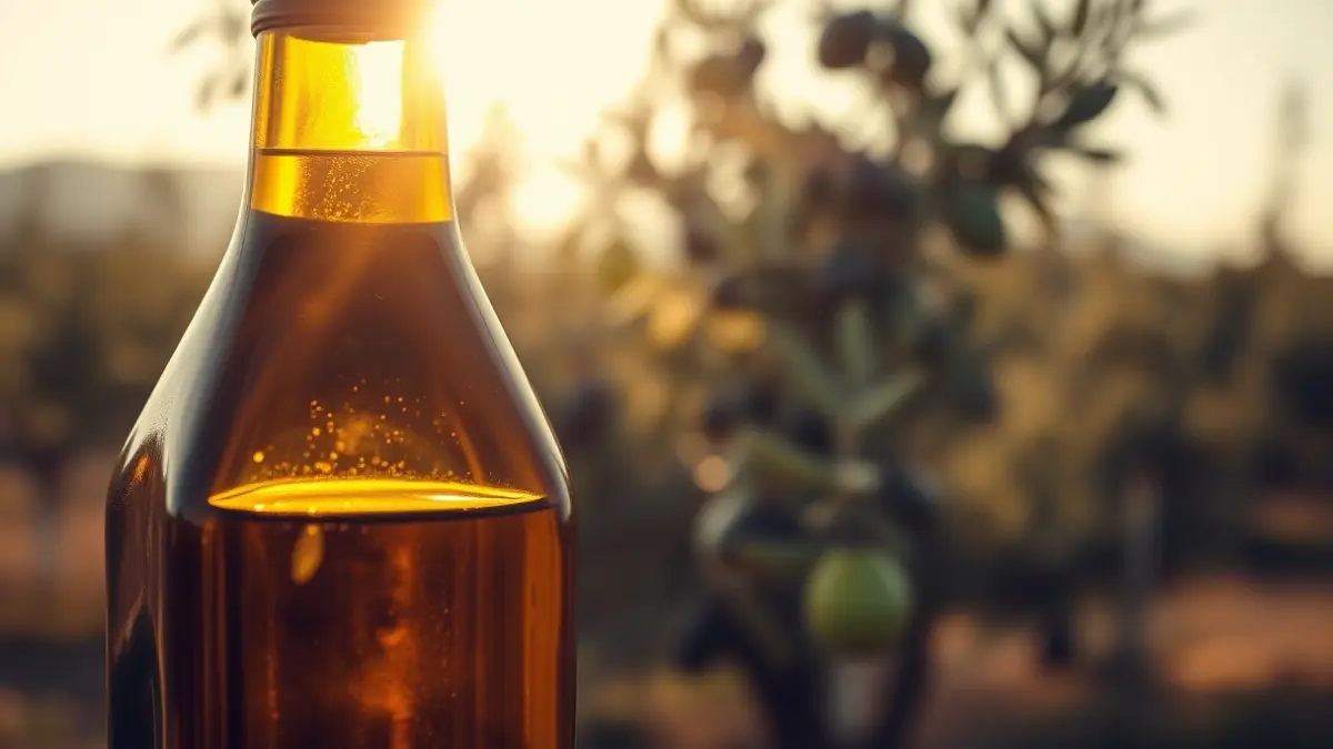 Imagen genérica de una botella de aceite de oliva virgen extra con un olivar de fondo.
