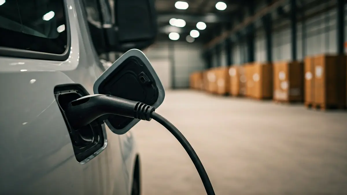 Furgoneta eléctrica cargándose en un almacén con paneles solares, simbolizando logística sostenible.