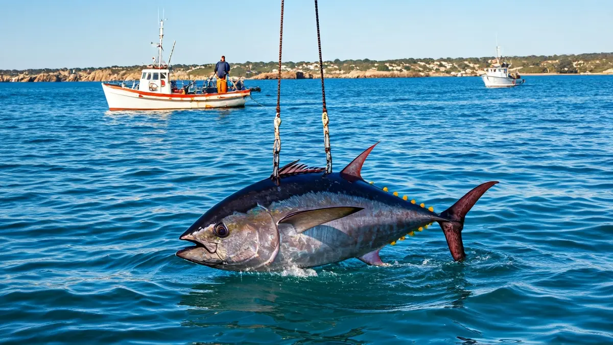 Image of the first 'levantá' of red tuna in Barbate, with fishermen and boats.
