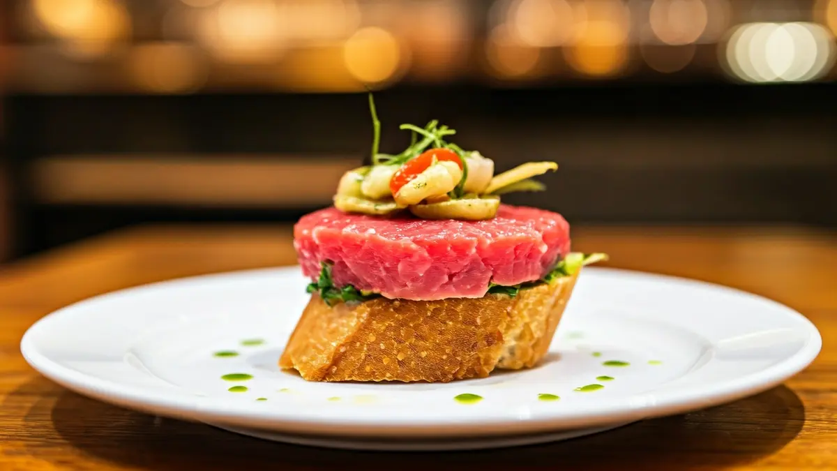Tapa de atún rojo en un plato, con un fondo de restaurante andaluz.