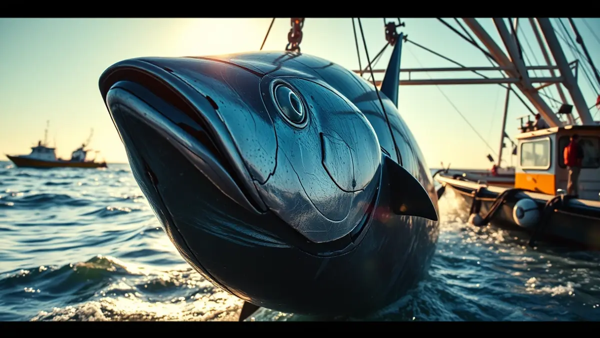 Imagen de un atún rojo siendo izado del mar durante la primera levantá en Barbate.