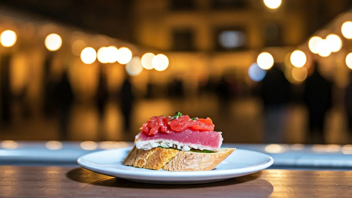 Tapa de atún rojo en un plato, con un fondo borroso de un mercado callejero.