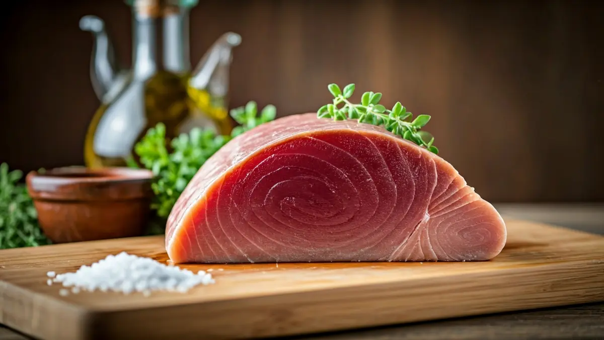Generic image of a fresh tuna cut on a wooden board, with Mediterranean ingredients.