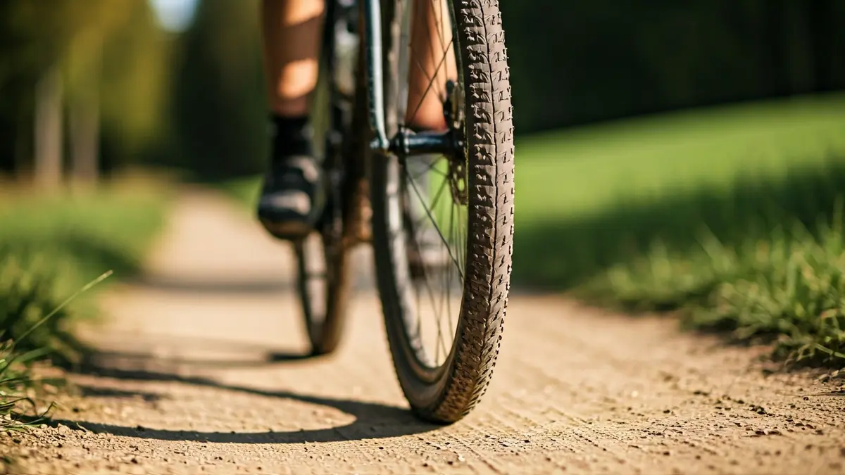 Imagen genérica de una rueda de bicicleta de gravel en un camino de tierra.