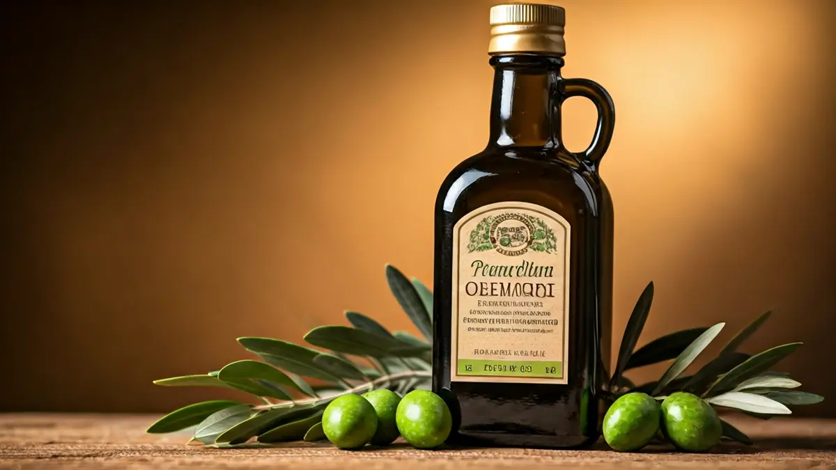 Generic image of a bottle of extra virgin olive oil with olives and olive branches.