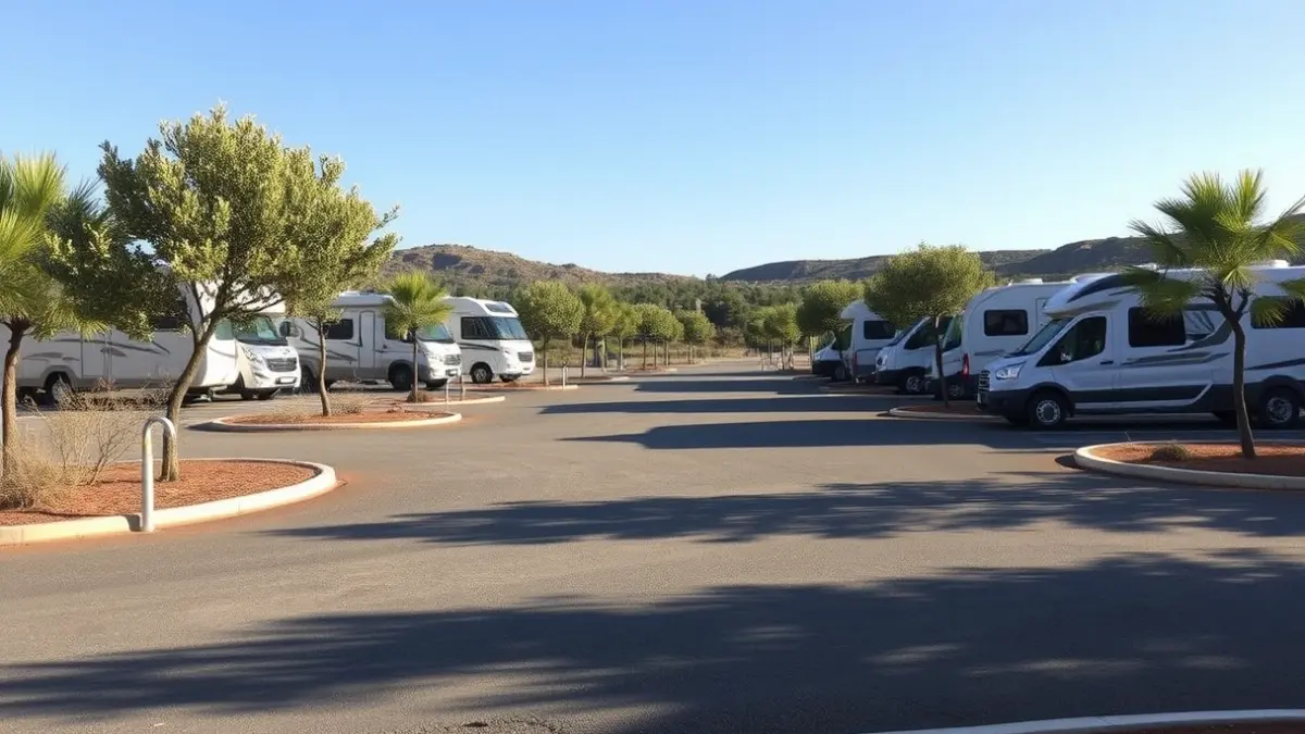 Motorhome parking in Bedmar, with trees and water connection.