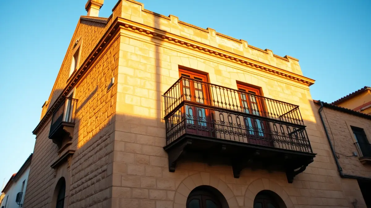 Fachada de un ayuntamiento de estilo andaluz con balcón y barandillas de hierro forjado, bajo la luz del sol de la tarde.