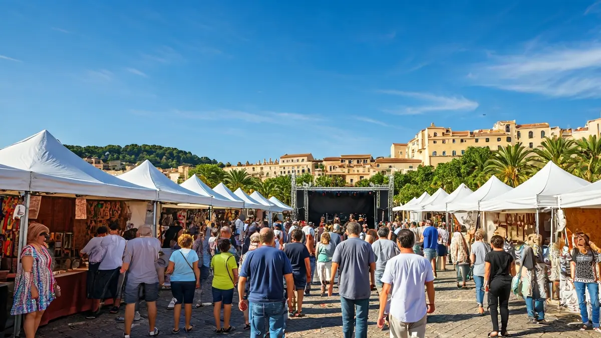 Imagen de un mercado al aire libre con puestos y gente, ambiente festivo.