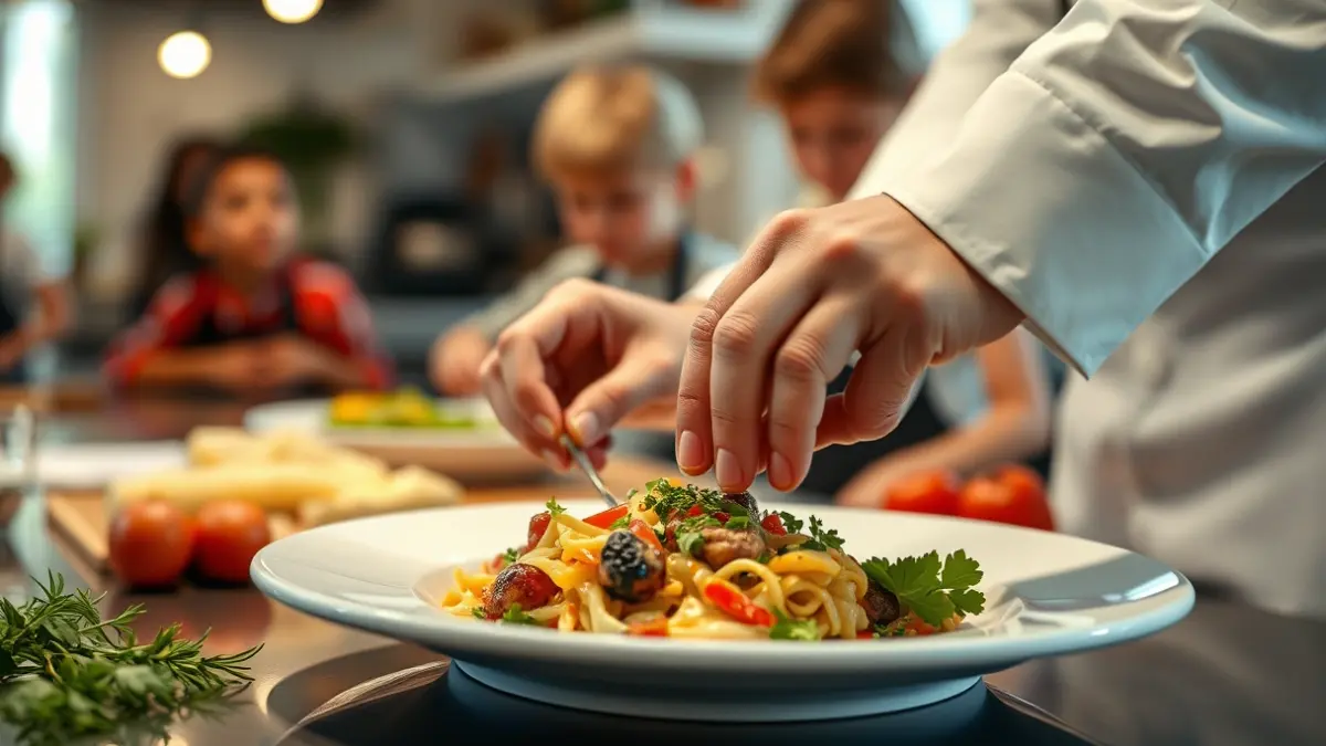Imagen de un chef emplatando un plato gourmet mientras niños participan en un taller de cocina.
