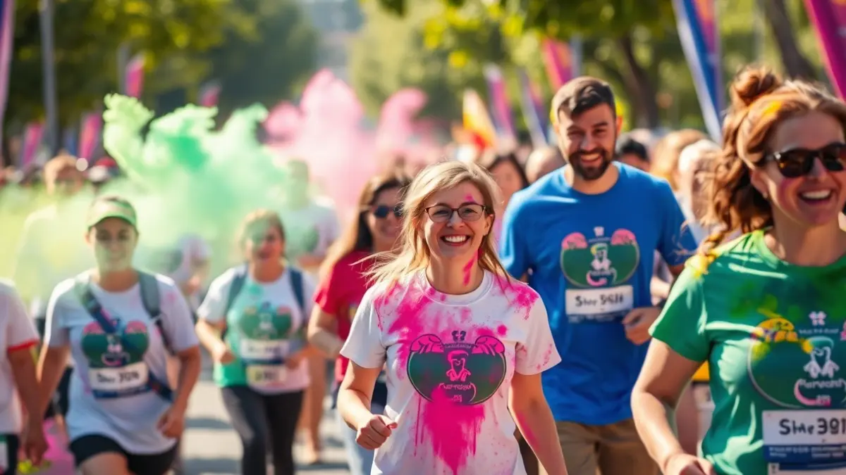 Imagen de una marcha solidaria con personas participando y polvos de colores en el aire.