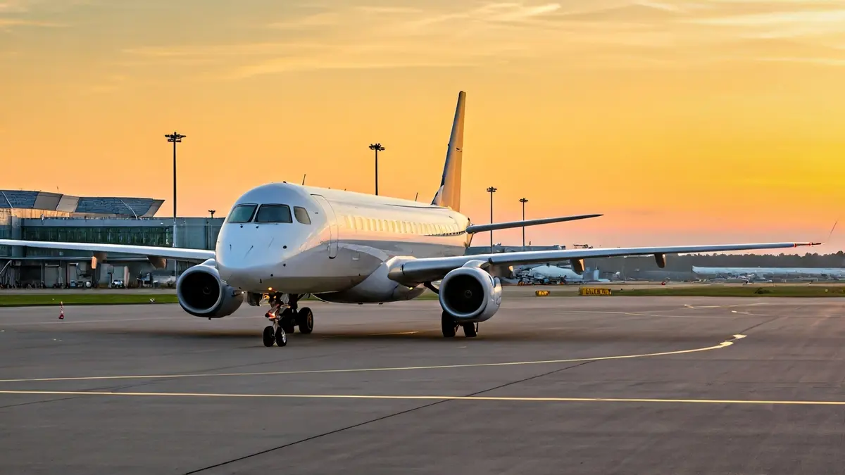 Imagen genérica de un avión moderno en una pista de aeropuerto al atardecer.