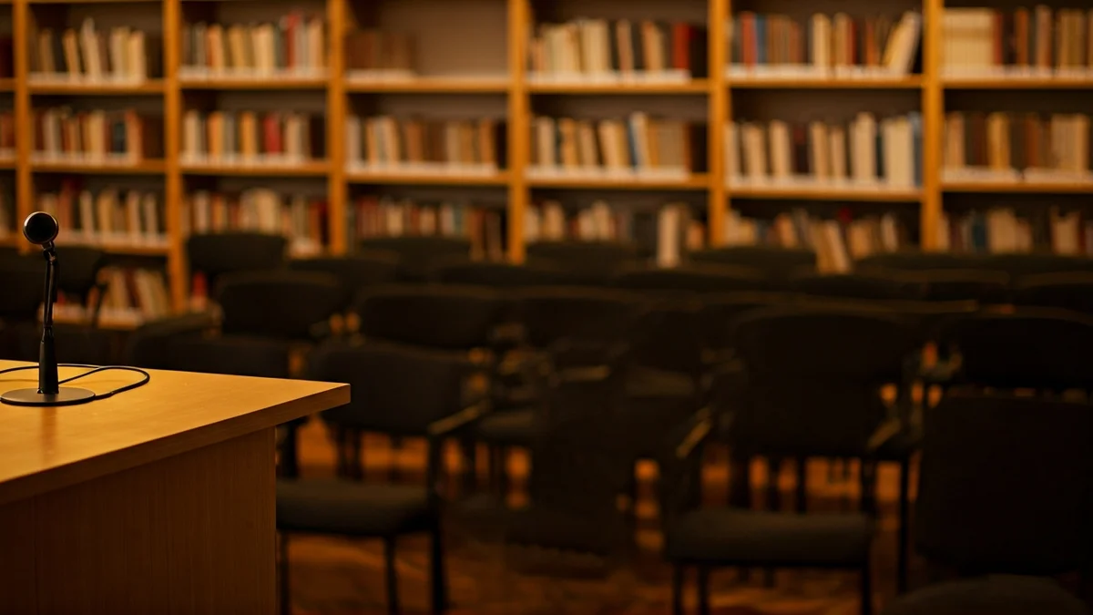 Generic image of a library or conference room interior, with a podium and empty chairs, warmly lit.