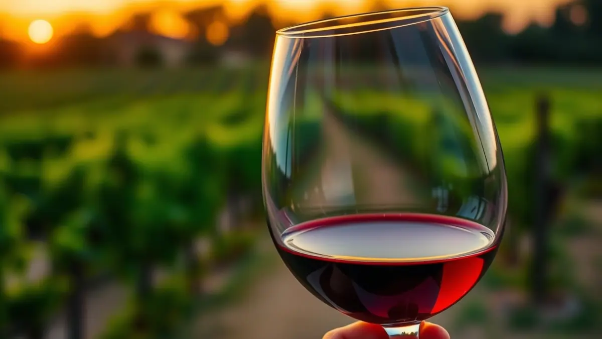 Generic image of a wine glass with a vineyard in the background.