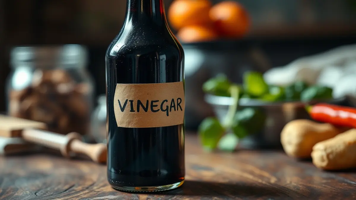 Award-winning organic vinegar bottle in a gourmet setting.