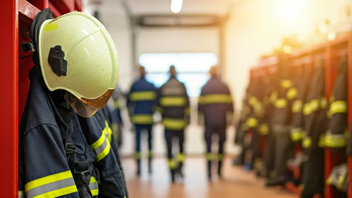 Imagen genérica de un casco y chaqueta de bombero en un vestuario.
