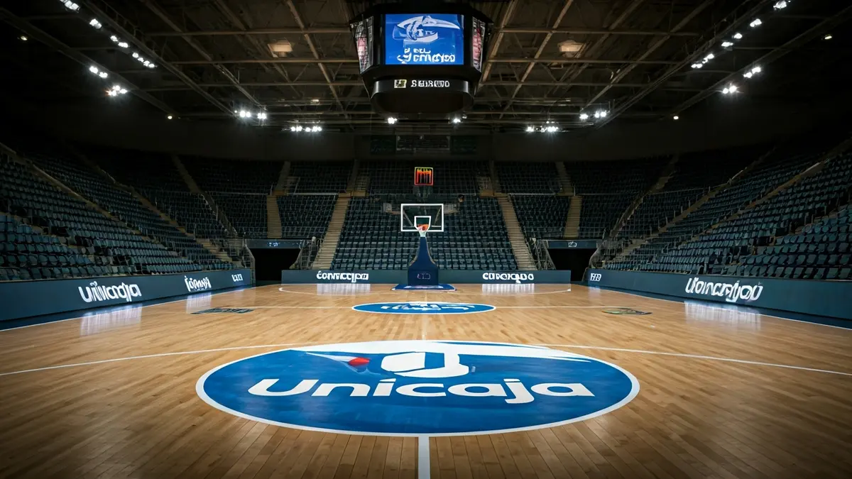 Cancha de baloncesto del Martín Carpena con el logo del Unicaja.