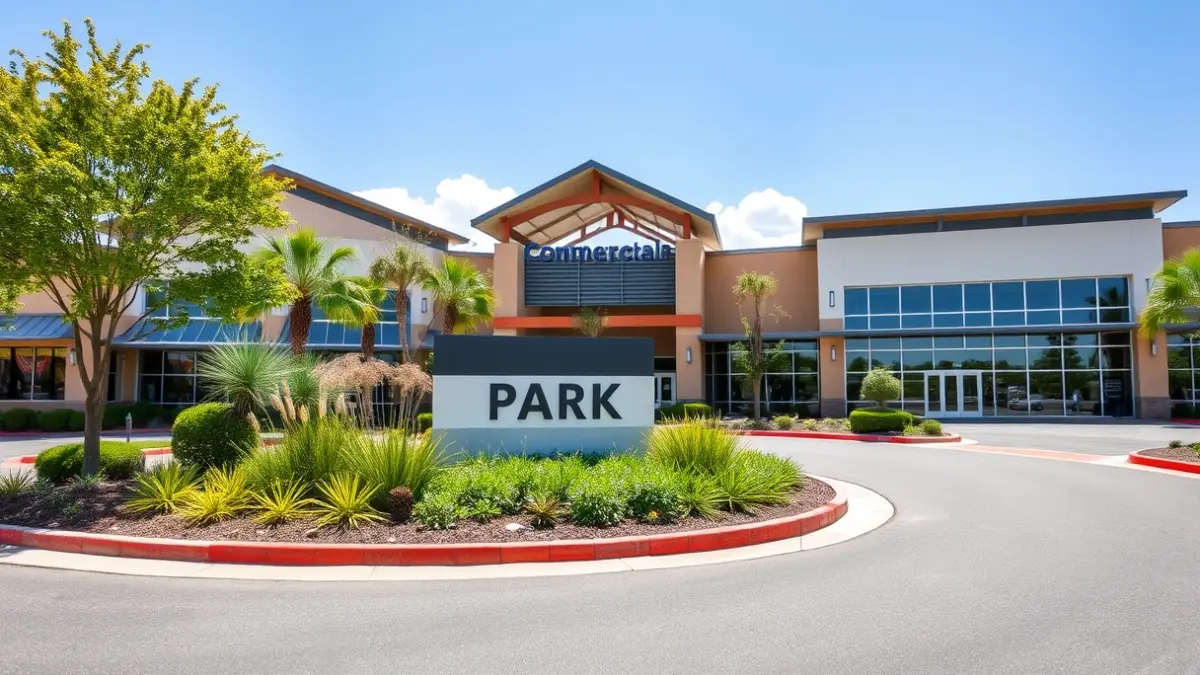 Image of a modern commercial park entrance with a large sign and well-maintained landscaping.