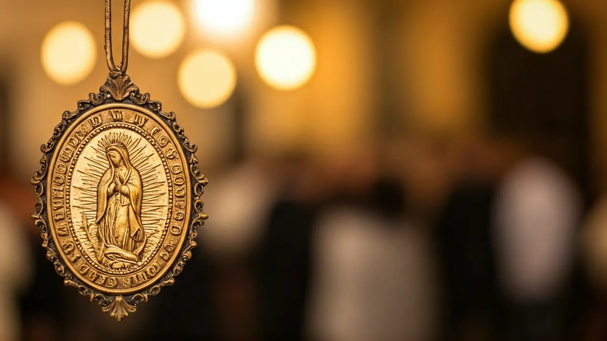 Imagen de una medalla o emblema rociero, con un fondo borroso de una celebración.