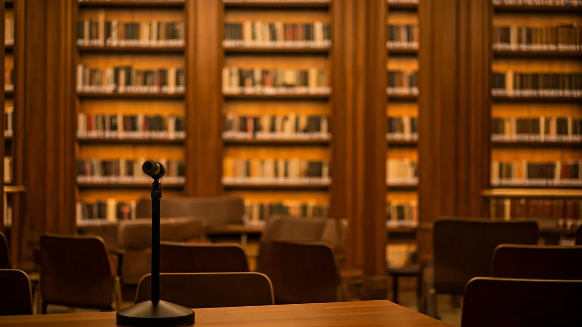 Imagen genérica de un interior de biblioteca con un podio y sillas, iluminado cálidamente.
