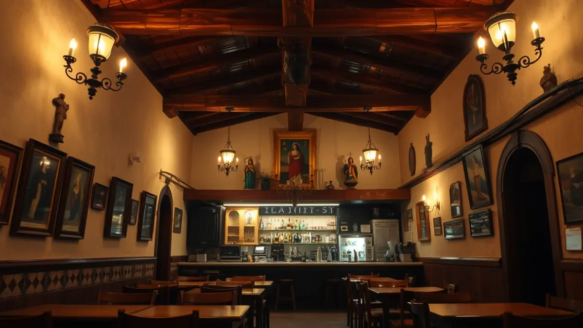 Imagen de una taberna tradicional andaluza con decoración cofrade.