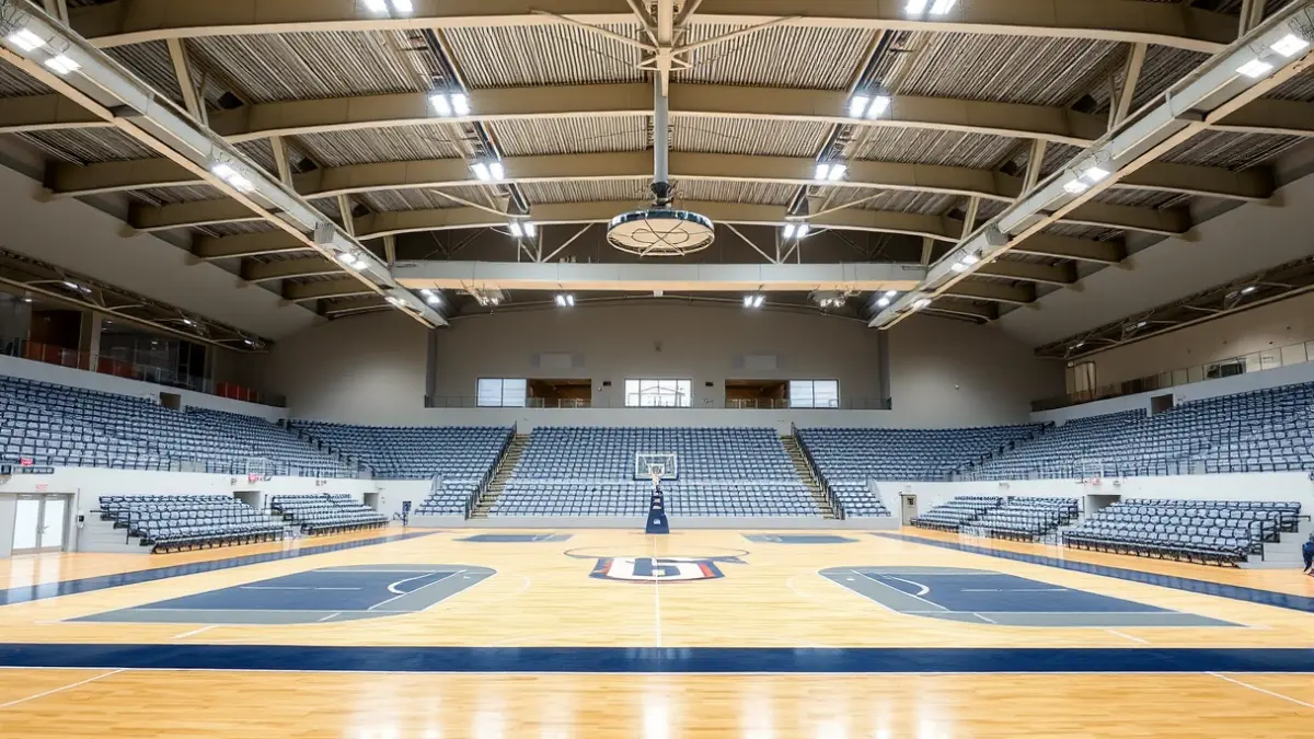 Image of a modern sports pavilion with empty stands and a multi-purpose court.