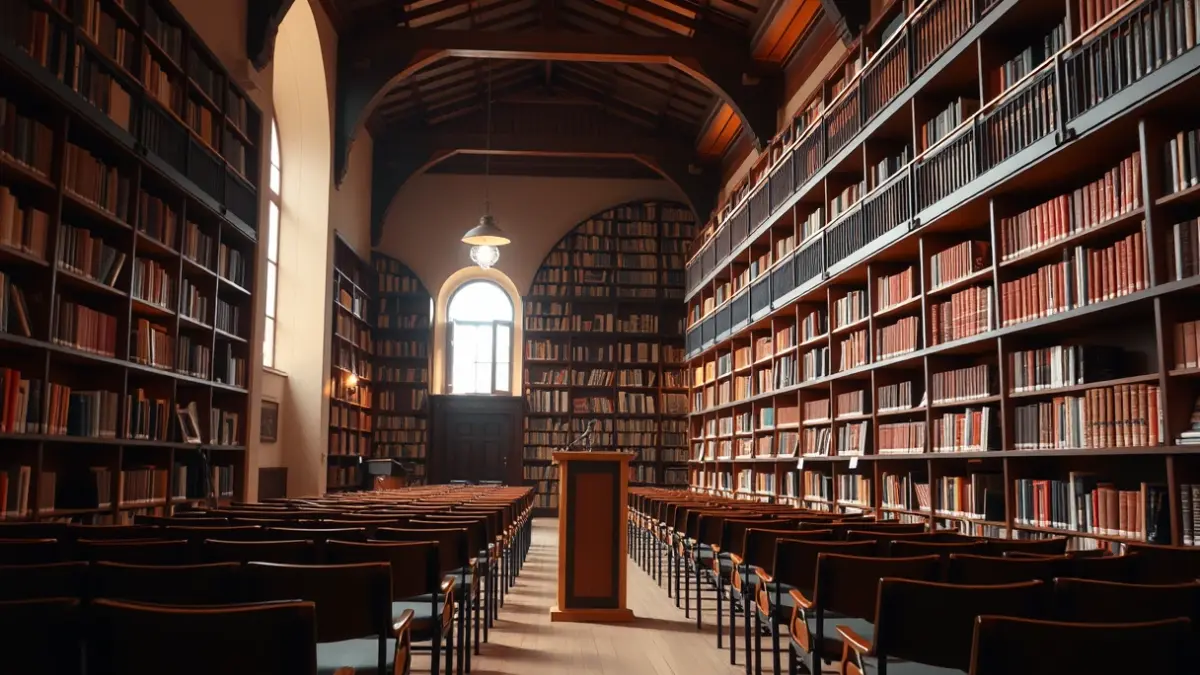 Generic image of a conference room or library, with a microphone on a podium and empty chairs, warmly lit.