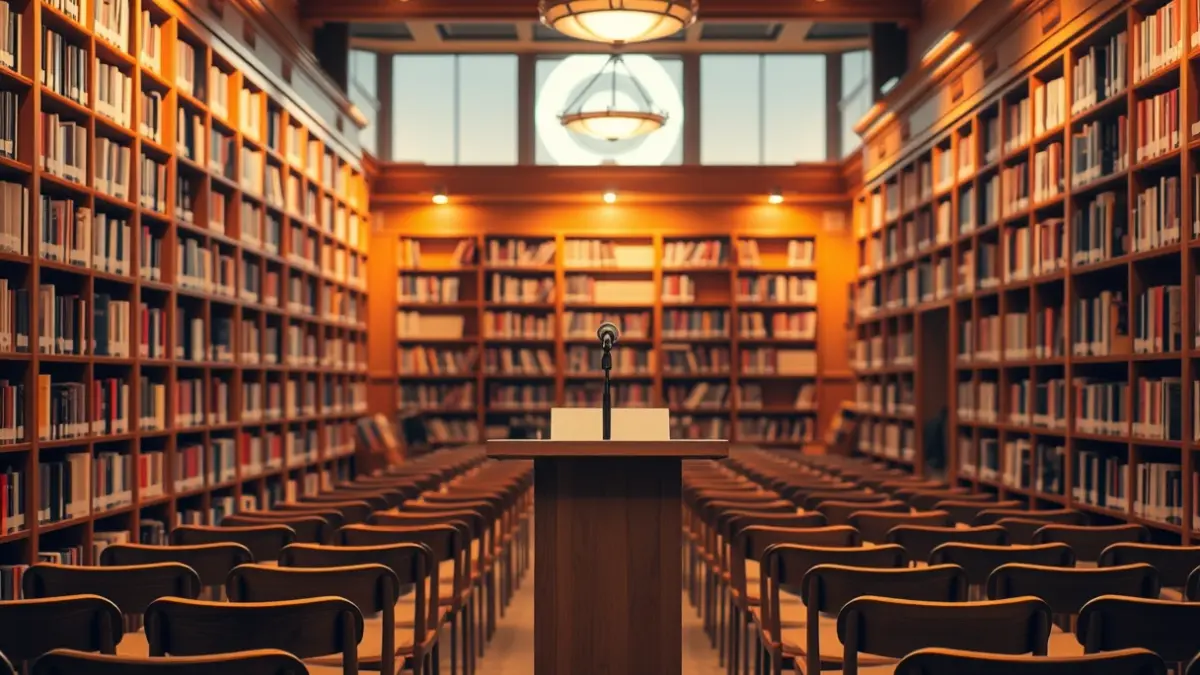 Generic image of a library with wooden bookshelves and a podium with a microphone, lit with warm light.