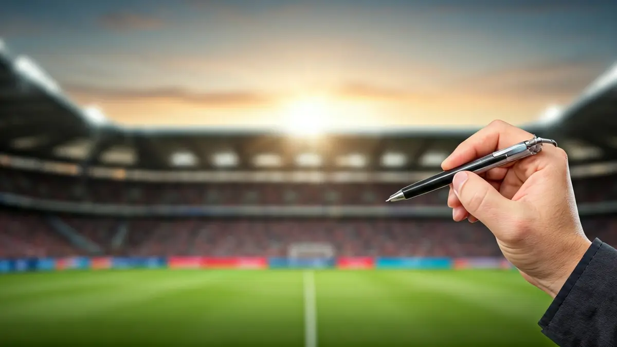 Imagen de una mano sosteniendo un bolígrafo, con un estadio de fútbol de fondo borroso.