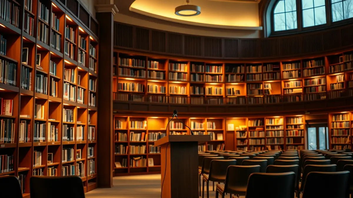 Generic image of a library interior with a podium and chairs, warmly lit.