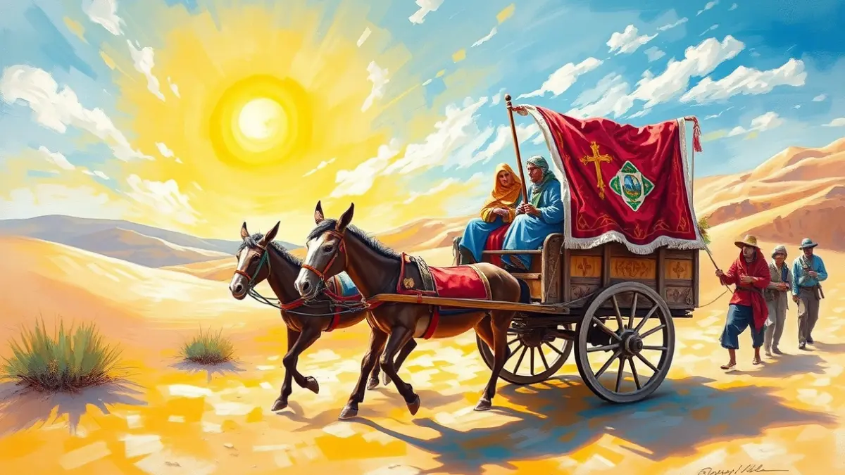 Artistic representation of a pilgrimage cart in a natural setting.