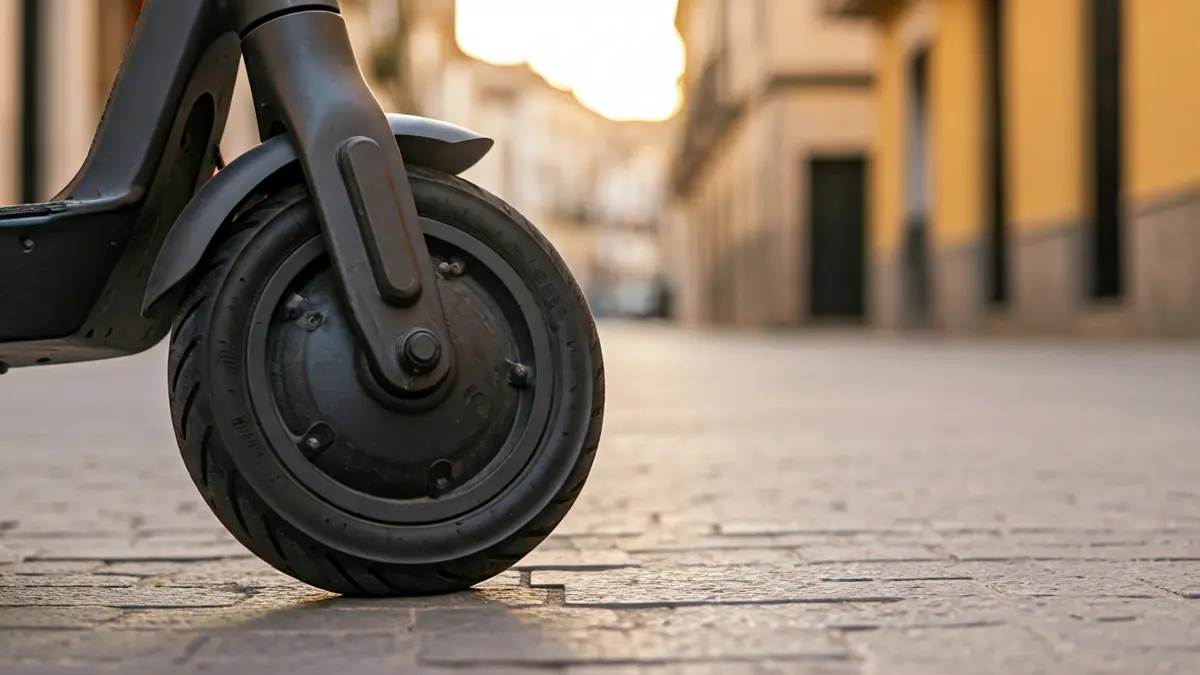 Imagen genérica de la rueda de un patinete eléctrico aparcado en una calle de Cádiz.