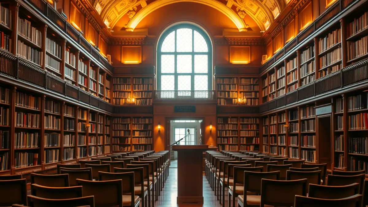 Generic image of a library with bookshelves and a podium, symbolizing the promotion of reading.
