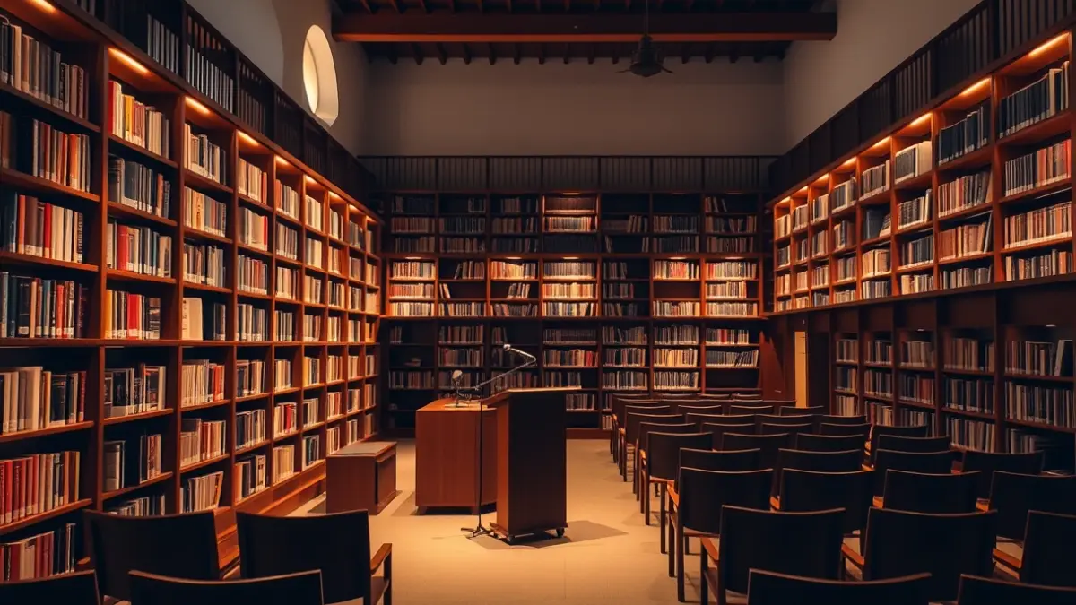 Imagen genérica de una biblioteca con estanterías de madera y un ambiente acogedor de lectura.