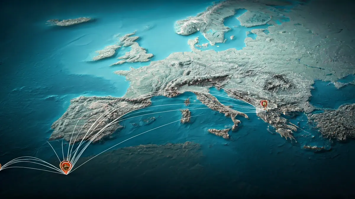 Generic image of a map of Europe highlighting tourism connections between Spain, Germany, and Poland.