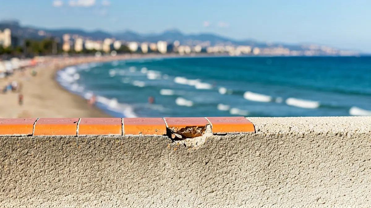 Imagen de un tramo deteriorado del Paseo Marítimo de Cádiz con azulejos dañados.