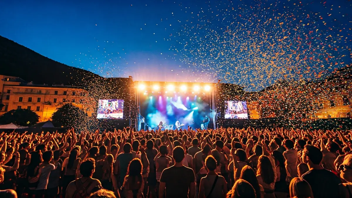 Imagen genérica de un festival de música al aire libre con una multitud animada y luces de escenario.