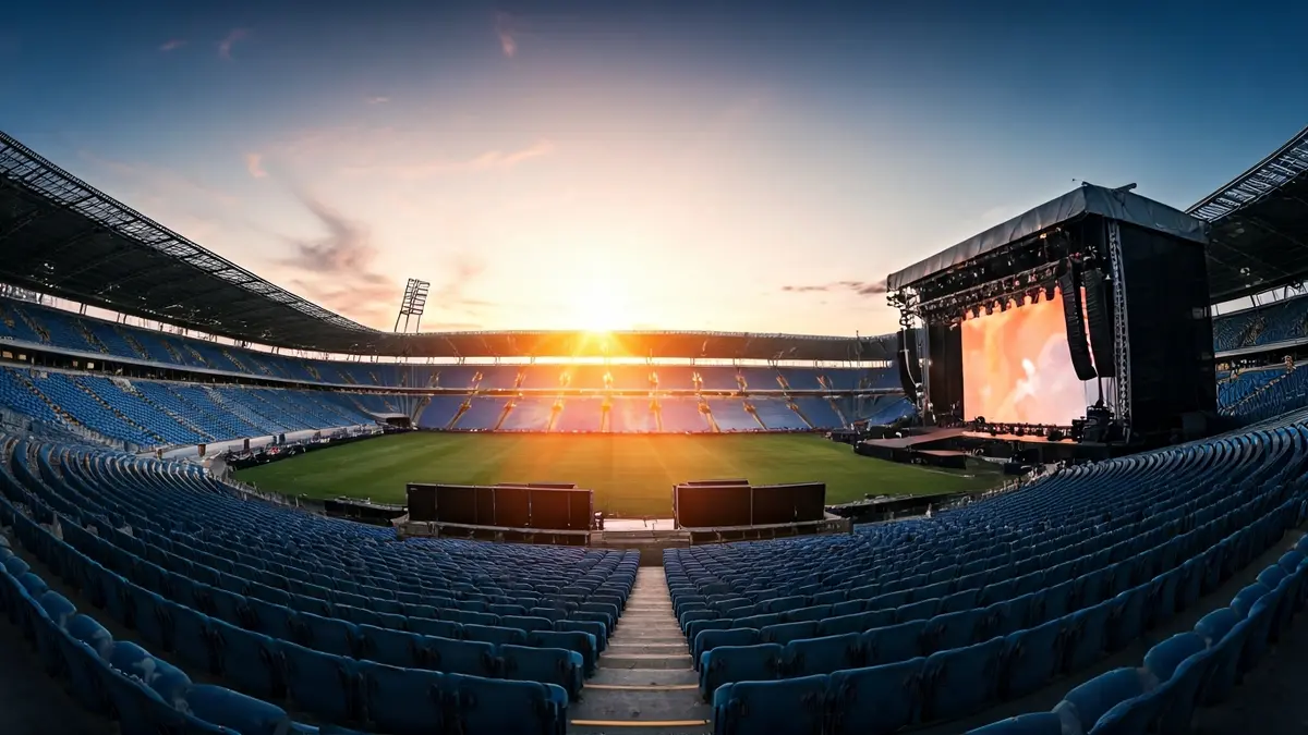 Imagen genérica de un escenario de concierto en un estadio vacío.