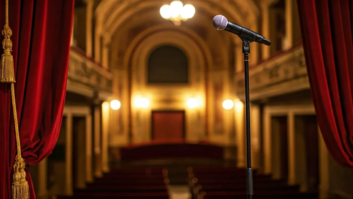 Image of a theater stage with red curtains and a microphone, symbolizing the preparation of a cultural event.