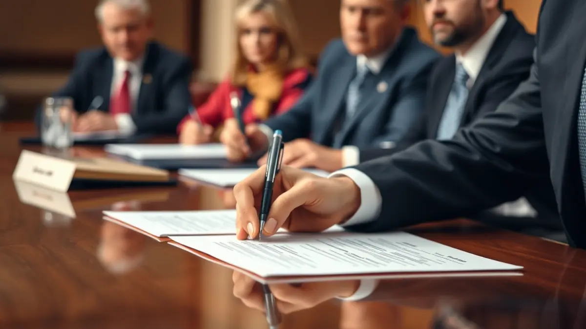 Generic image of an official meeting where important documents are being signed.