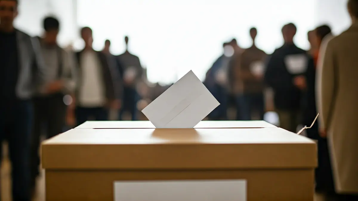 Generic image of a ballot box in a polling station, with people voting in the background.