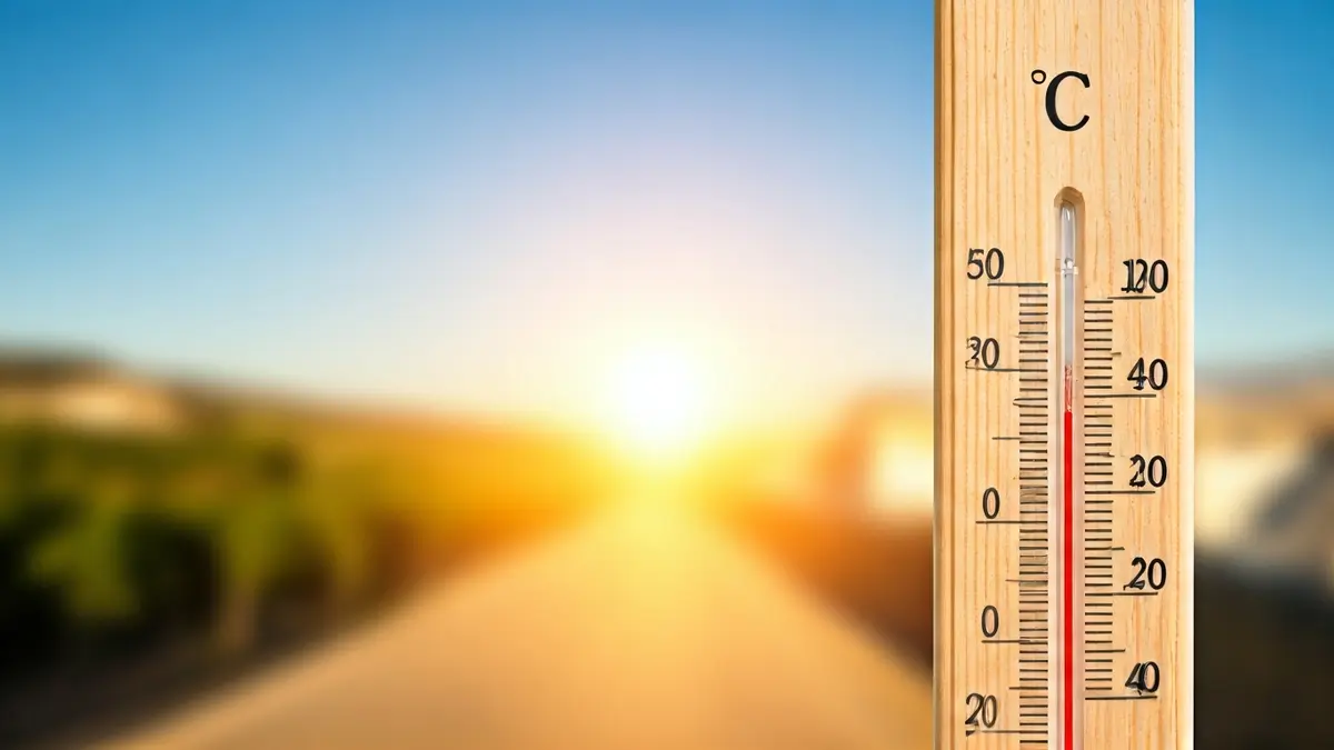 Imagen genérica de un termómetro marcando alta temperatura con un paisaje andaluz soleado de fondo.