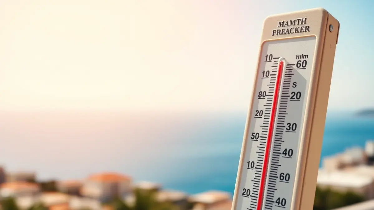 Imagen genérica de un termómetro marcando altas temperaturas con un cielo despejado y un paisaje costero mediterráneo de fondo.