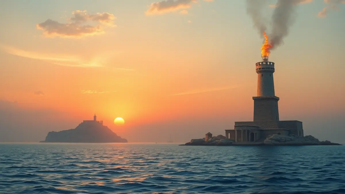 Representación artística de dos fuegos monumentales fenicios en la bahía de Gadir.