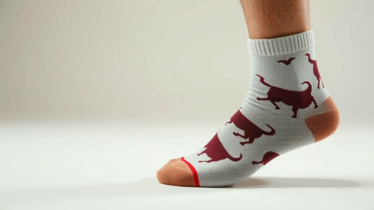 Socks with a bullfighting-inspired design, on a clean surface.