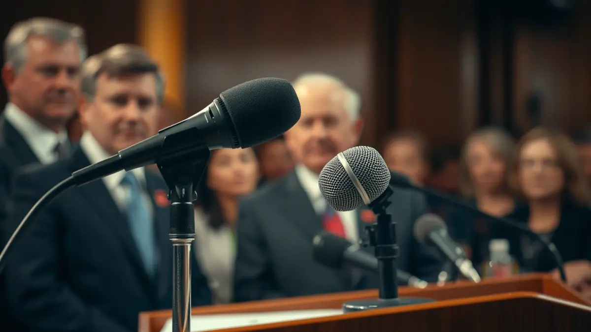 Generic image of a microphone on a podium during a press conference.